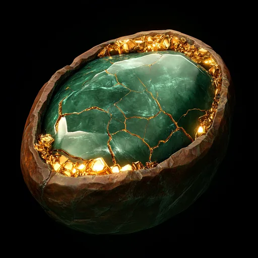 The stone fully cracked open, a polished jade gem core threaded with bright gold veins